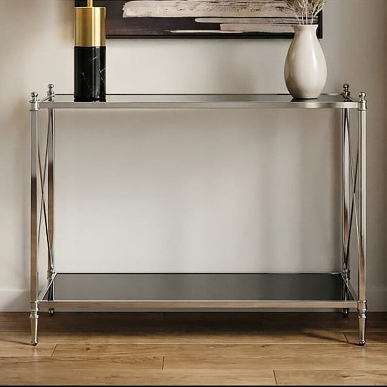 Black Mirrored Glass Two-Tier Console Table with Silver Nickel Finish Frame, Hoffmann