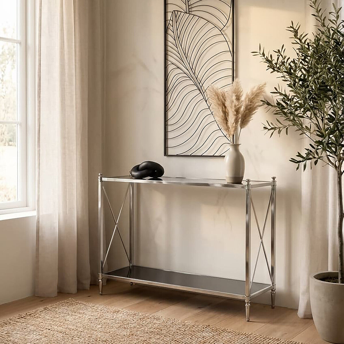 Black Mirrored Glass Two-Tier Console Table with Silver Nickel Finish Frame, Hoffmann