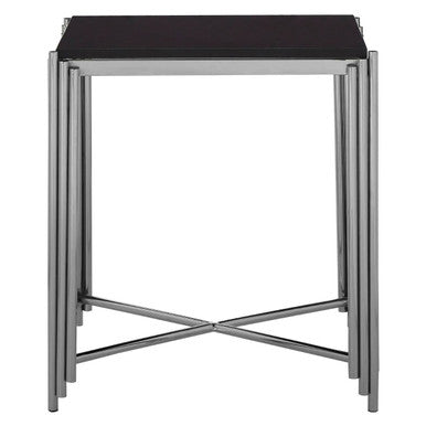 Black Granite Top Art Deco Side Table with Silver Finish X-Shaped Cross | Clarice