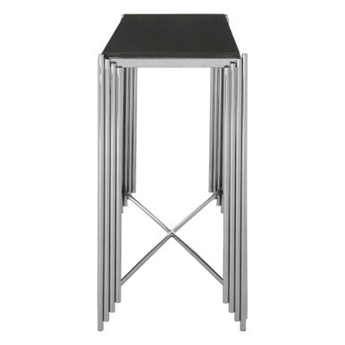 Black Granite Top Art Deco Console Table with Silver Finish X-Shaped Cross, Clarice