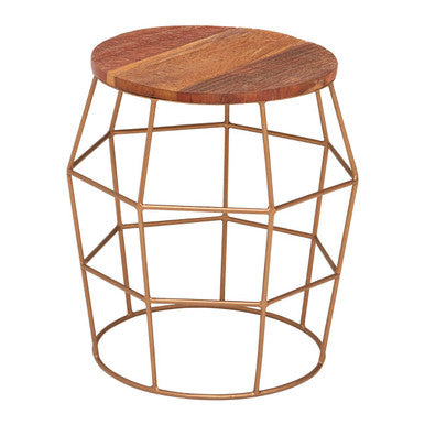 Natural Recycled Wood Top Rounded Side Table with Brass Iron Wireframe Base | Nandri