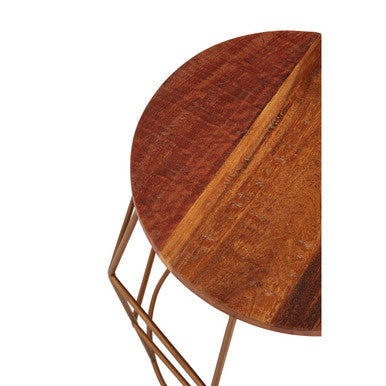 Natural Recycled Wood Top Rounded Side Table with Brass Iron Wireframe Base | Nandri