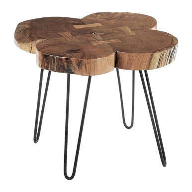 Natural Acacia Wood Slice Top Side Table with Black Metal Hairpin Legs | Nandri