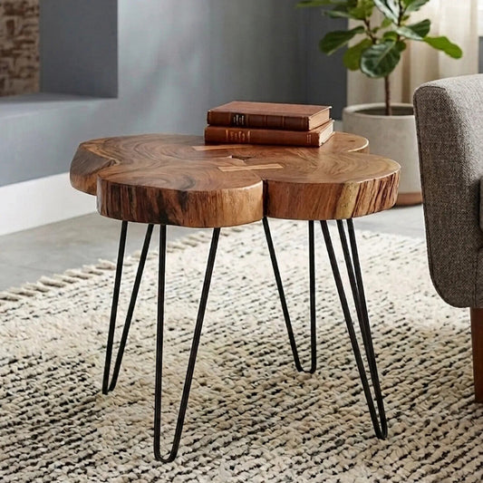 Natural Acacia Wood Slice Top Side Table with Black Metal Hairpin Legs, Nandri