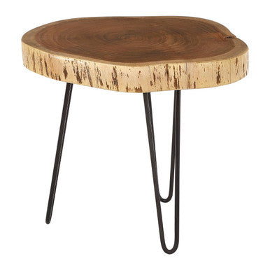 Brown Acacia Wood Cross Section Top Tripod Base Side Table | Nandri