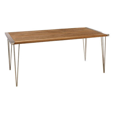 Brown Slatted Teak Wood Dining Table with Nickel Finish Hairpin Legs | Nandri