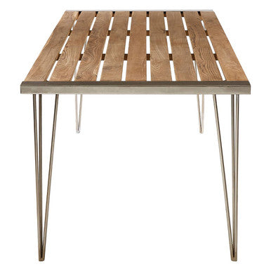 Brown Slatted Teak Wood Dining Table with Nickel Finish Hairpin Legs | Nandri