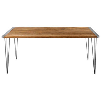 Brown Slatted Teak Wood Dining Table with Nickel Finish Hairpin Legs | Nandri