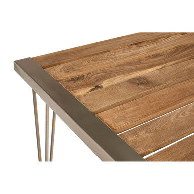 Brown Slatted Teak Wood Dining Table with Nickel Finish Hairpin Legs | Nandri