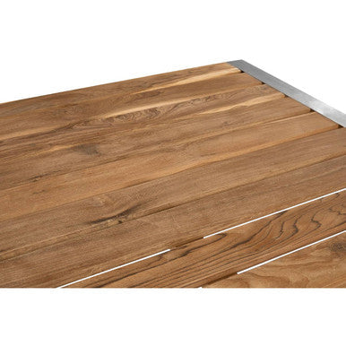 Brown Slatted Teak Wood Dining Table with Nickel Finish Hairpin Legs | Nandri