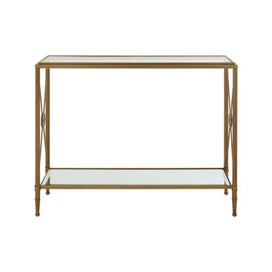 Gold Antique Effect Console Table with Cross End Design and Two-Tier Glass Shelves, Axis