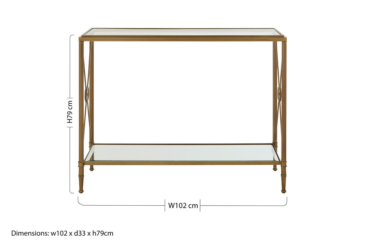 Gold Antique Effect Console Table with Cross End Design and Two-Tier Glass Shelves, Axis