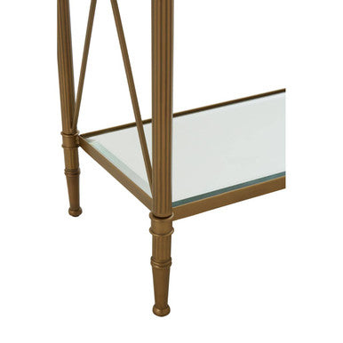 Gold Antique Effect Console Table with Cross End Design and Two-Tier Glass Shelves, Axis