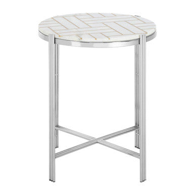 White Marble Top Side Table with Gold Detail and Silver Finish Frame | Eva