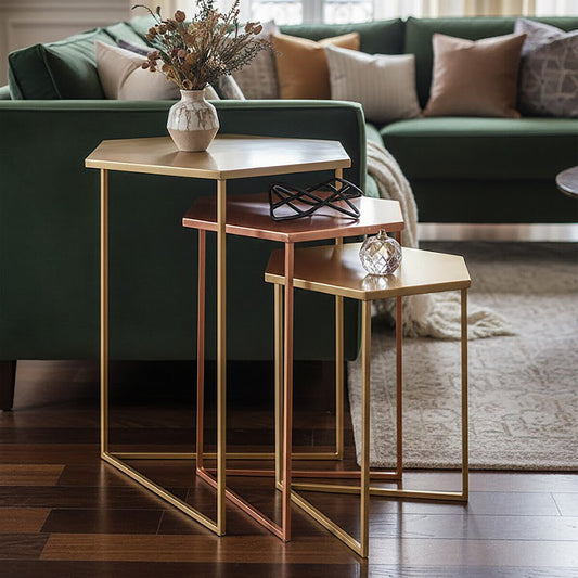 Assorted Gold Brass Bronze Set of 3 Nesting Tables with Iron Frames, Templar