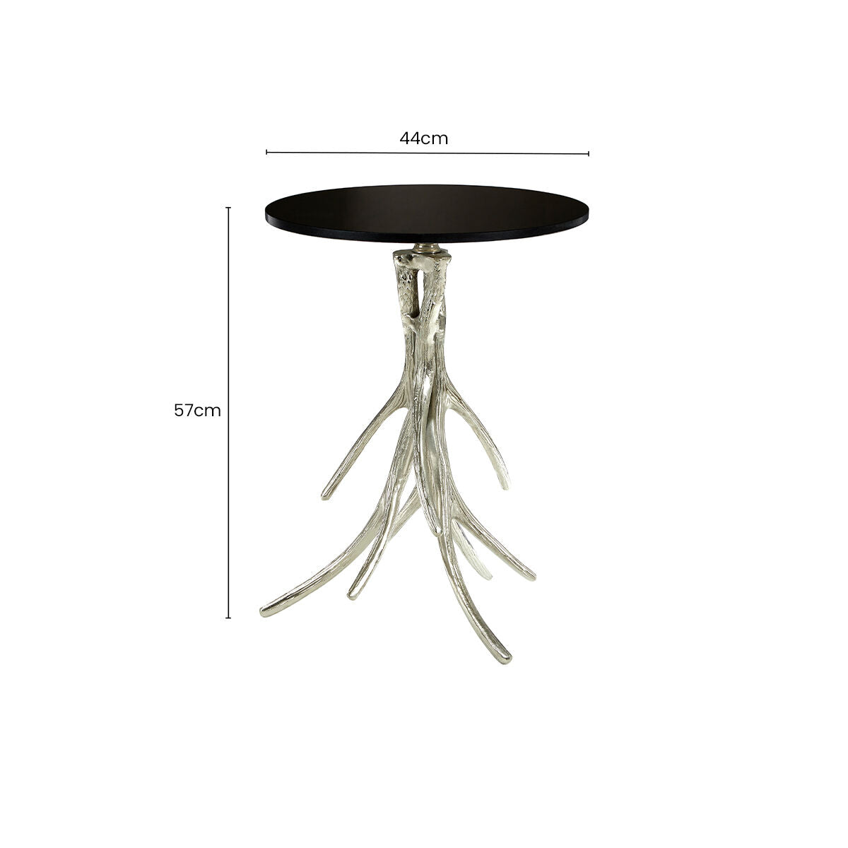 Black Marble Top Round Side Table with Nickel Antler Base, Antler