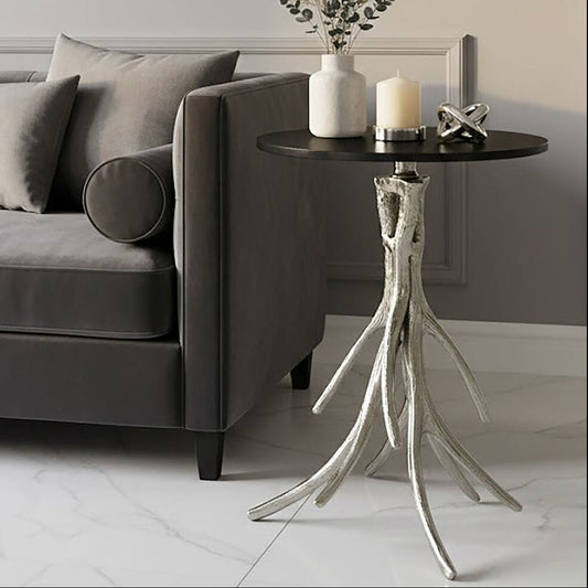 Black Marble Top Round Side Table with Nickel Antler Base, Antler