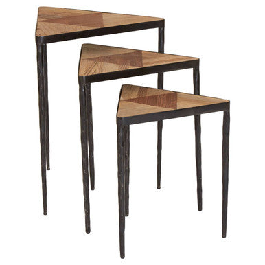 Black and Brown Elm Wood Set of 3 Triangular Nesting Tables with Black Iron Legs | Elmo