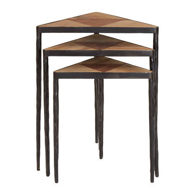 Black and Brown Elm Wood Set of 3 Triangular Nesting Tables with Black Iron Legs | Elmo