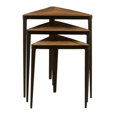 Black and Brown Carved Elm Wood Set of 3 Triangular Tables with Black Iron Legs, Elmo
