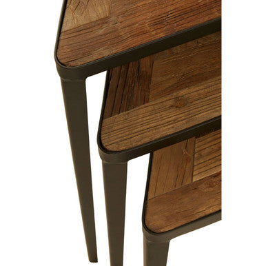 Black and Brown Carved Elm Wood Set of 3 Triangular Tables with Black Iron Legs, Elmo