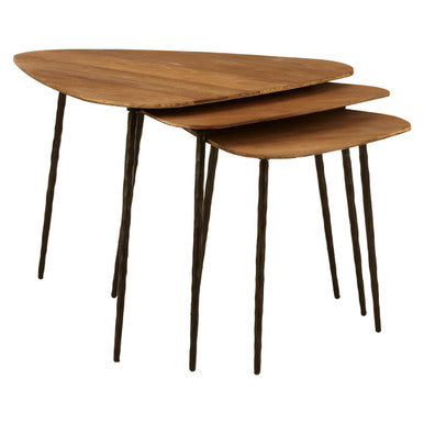 Black and Brown Elm Wood Top Nest of 3 Triangular Tables with Black Iron Legs | Elmo