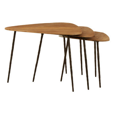 Black and Brown Elm Wood Top Nest of 3 Triangular Tables with Black Iron Legs | Elmo