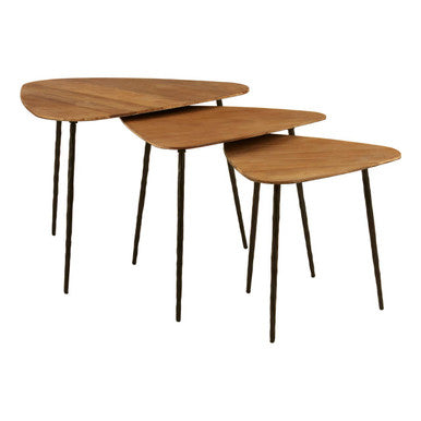 Black and Brown Elm Wood Top Nest of 3 Triangular Tables with Black Iron Legs | Elmo