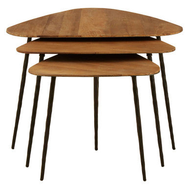 Black and Brown Elm Wood Top Nest of 3 Triangular Tables with Black Iron Legs | Elmo