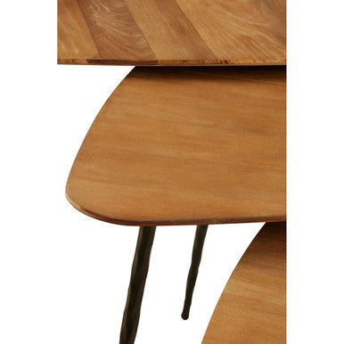 Black and Brown Elm Wood Top Nest of 3 Triangular Tables with Black Iron Legs | Elmo
