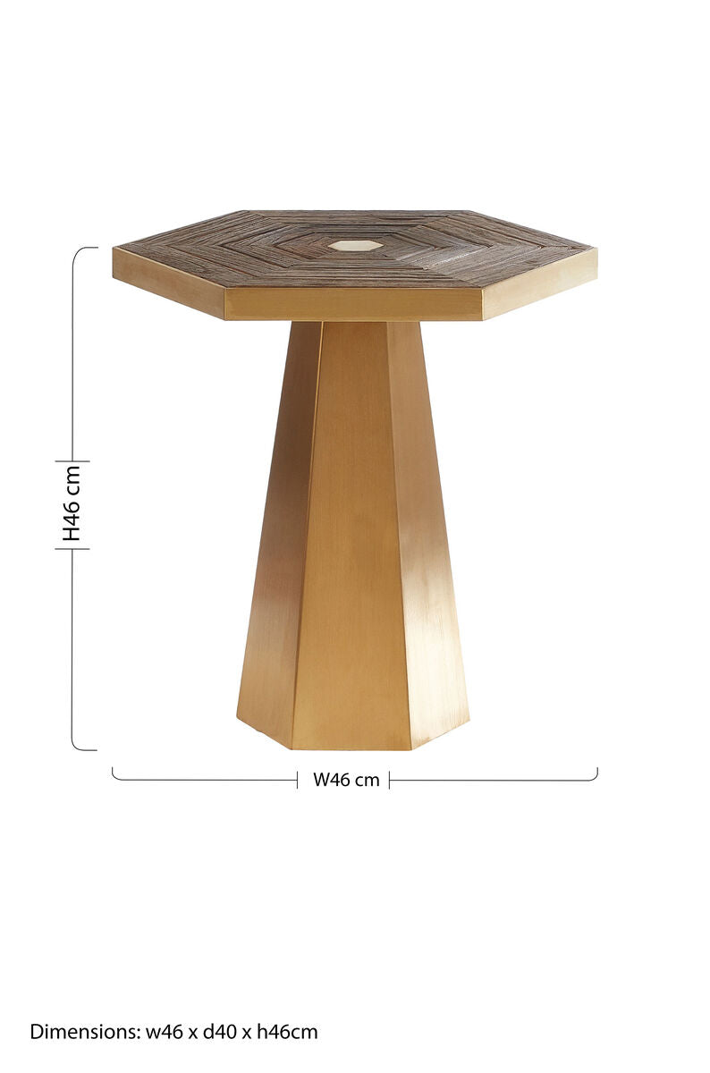 Gold and Natural Small Hexagon End Table with Grooved Elm Wood Top, Titan