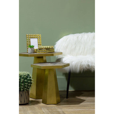 Gold and Natural Small Hexagon End Table with Grooved Elm Wood Top, Titan