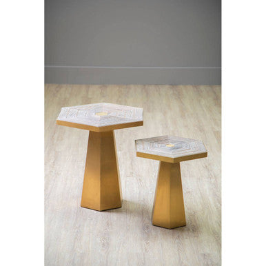 Gold and Natural Small Hexagon End Table with Grooved Elm Wood Top, Titan