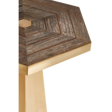 Gold and Natural Small Hexagon End Table with Grooved Elm Wood Top, Titan