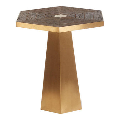 Gold and Natural Large Hexagon End Table with Grooved Elm Wood Top, Titan