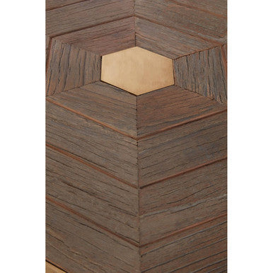 Gold and Natural Large Hexagon End Table with Grooved Elm Wood Top, Titan