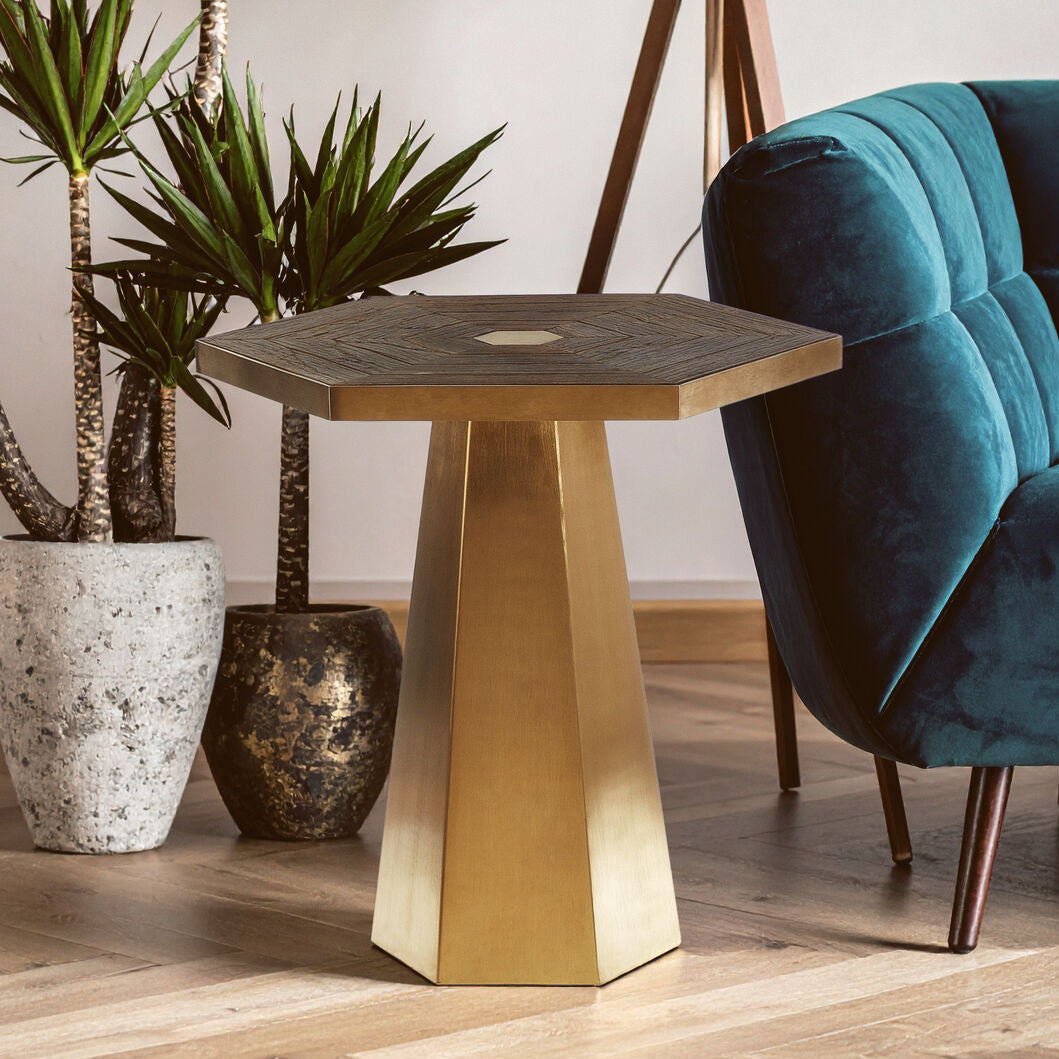 Gold and Natural Small Hexagon End Table with Grooved Elm Wood Top, Titan