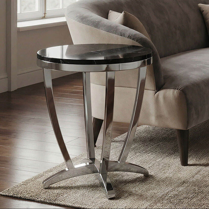 Black and Silver Contemporary Luxe Side Table with Tempered Glass Top | Yasmin