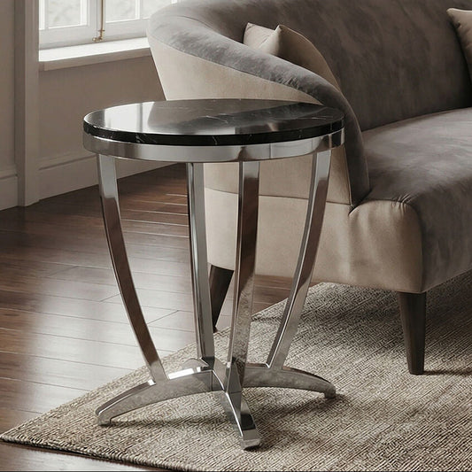 Black and Silver Contemporary Luxe Side Table with Tempered Glass Top, Yasmin