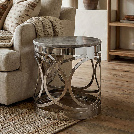 White Marble Top Contemporary Side Table with Reflective Stainless Steel Base, Yasmin
