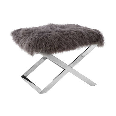 Anafi Grey Sheepskin Stool with Silver Metal Base