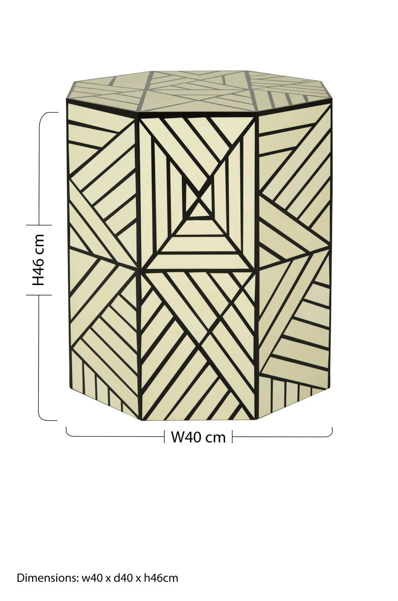 Hassa Ivory Resin Side Table and Stool with Geometric Design
