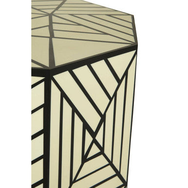 Hassa Ivory Resin Side Table and Stool with Geometric Design