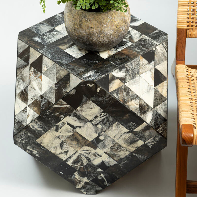 Green and Cream Resin Tile Geometric Side Table with Hexagonal Design | Marlox