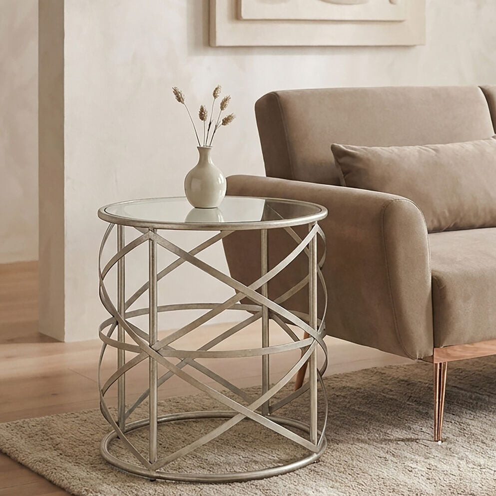 Silver Round Side Table with Clear Tempered Glass, Rubia