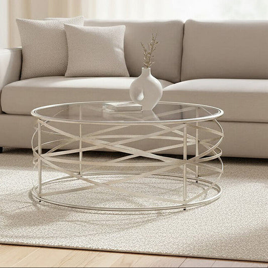 Silver Round Coffee Table with Clear Tempered Glass, Rubia