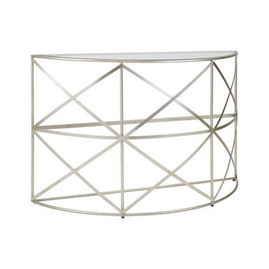 Silver Finish Iron Frame Demilune Console Table with Clear Glass Top | Rubia
