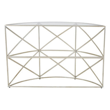 Silver Finish Iron Frame Demilune Console Table with Clear Glass Top | Rubia