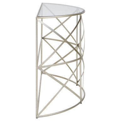Silver Finish Iron Frame Demilune Console Table with Clear Glass Top | Rubia