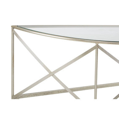 Silver Finish Iron Frame Demilune Console Table with Clear Glass Top | Rubia